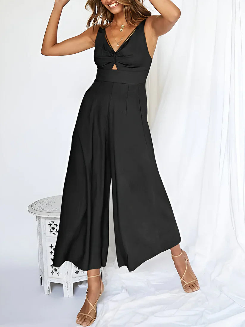 Women's Jumpsuit - Sleeveless V-neck - High Waist - Wide Leg Comfort
