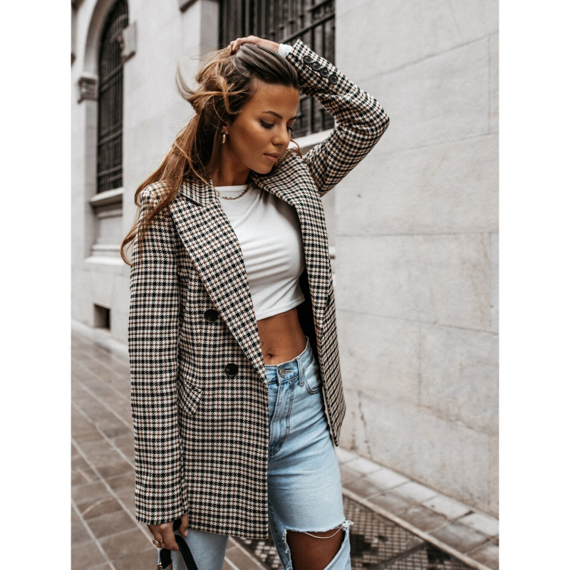Houndstooth Double-Breasted Wool Blend Blazer