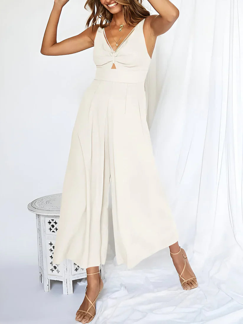 Women's Jumpsuit - Sleeveless V-neck - High Waist - Wide Leg Comfort