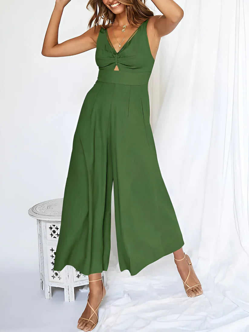 Women's Jumpsuit - Sleeveless V-neck - High Waist - Wide Leg Comfort