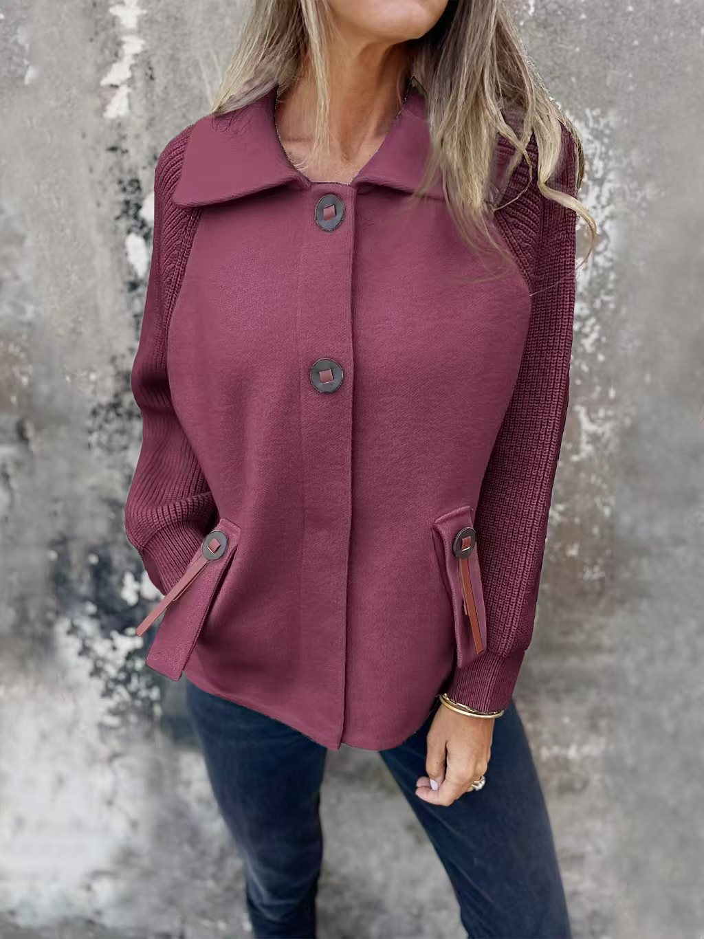 Textured Knit Sleeve Relaxed Fit Jacket