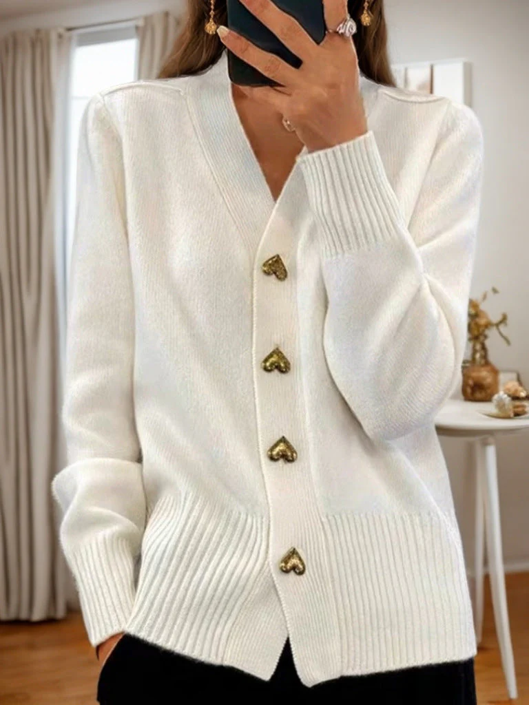 Wool Blend Heart Button Relaxed Fit Cardigan