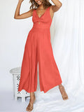 Women's Jumpsuit - Sleeveless V-neck - High Waist - Wide Leg Comfort