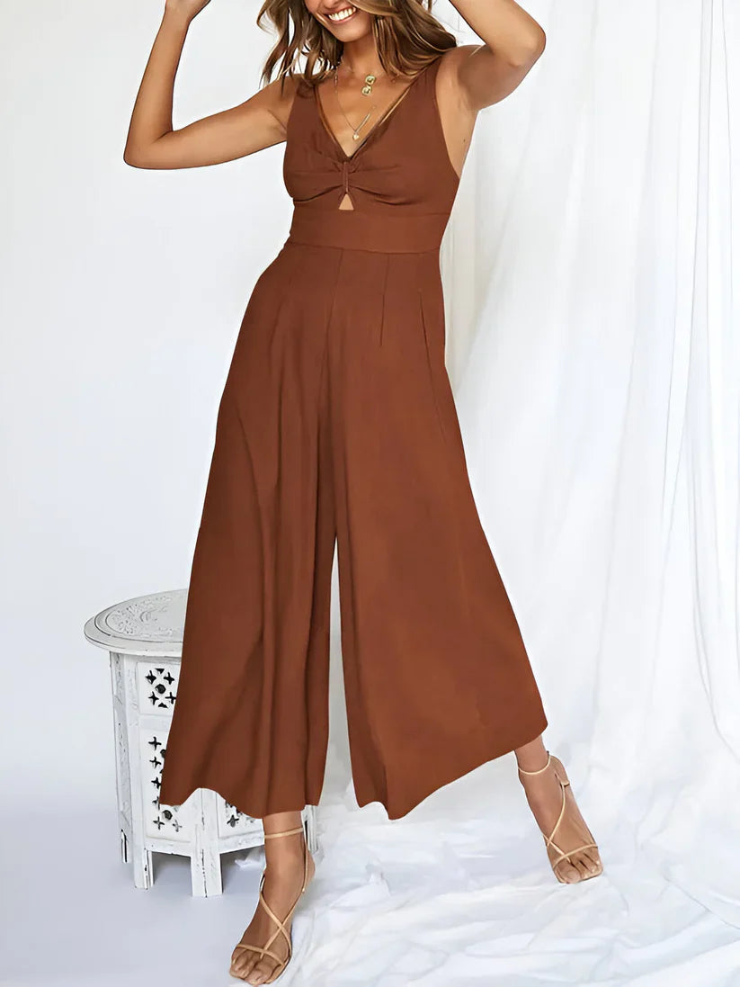 Women's Jumpsuit - Sleeveless V-neck - High Waist - Wide Leg Comfort
