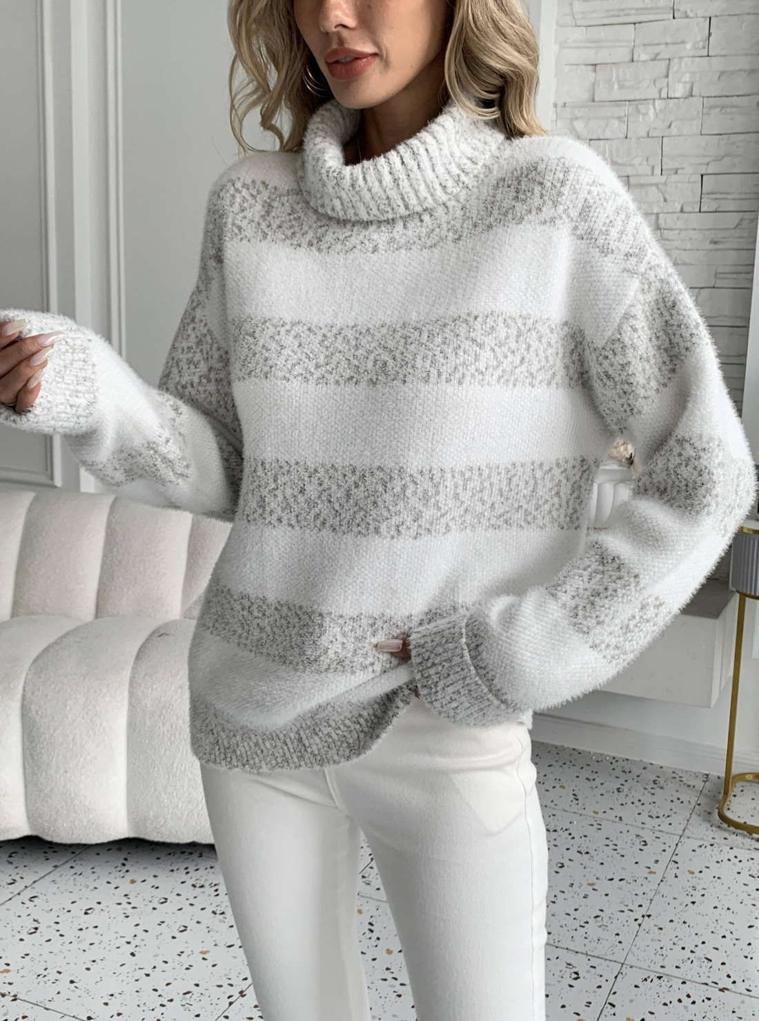 Ribbed Turtleneck Plush Knit Sweatshirt