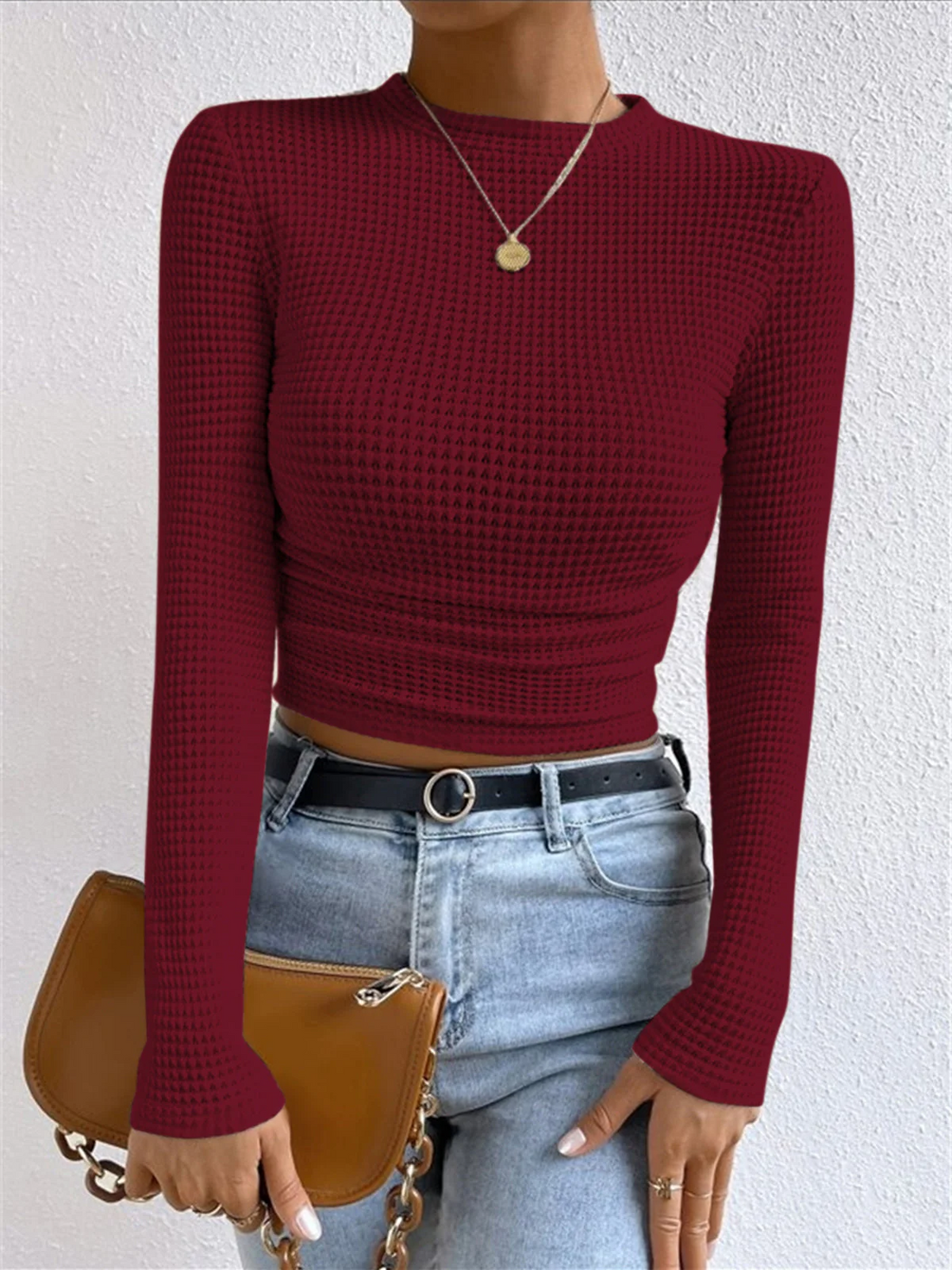 Waffle Knit Cropped High Neck Sweatshirt