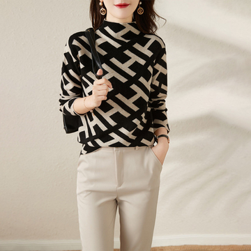 Jacquard Mock Neck Wool Blend Sweatshirt