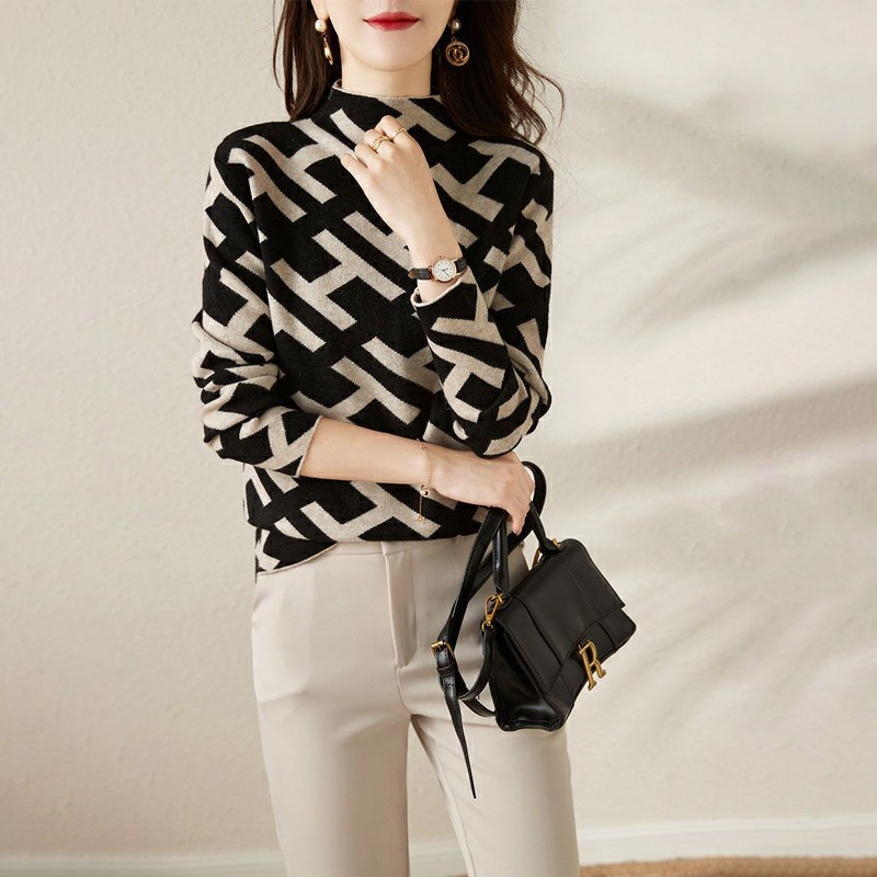 Jacquard Mock Neck Wool Blend Sweatshirt