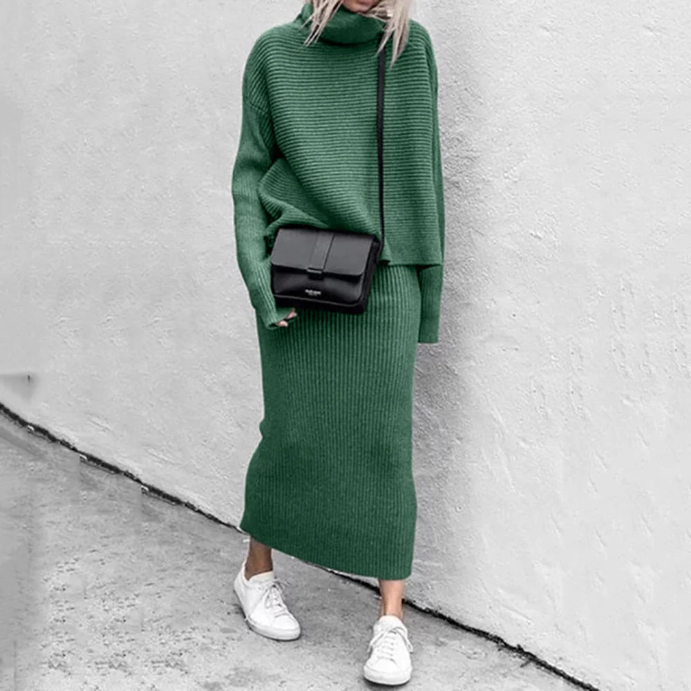 Two-Piece Ribbed Knit Turtleneck Sweater and Skirt Set