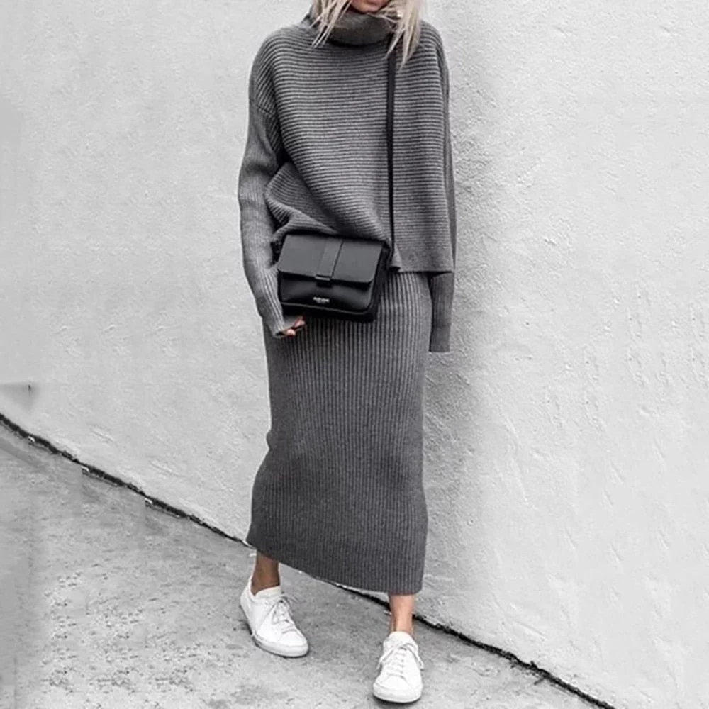 Two-Piece Ribbed Knit Turtleneck Sweater and Skirt Set