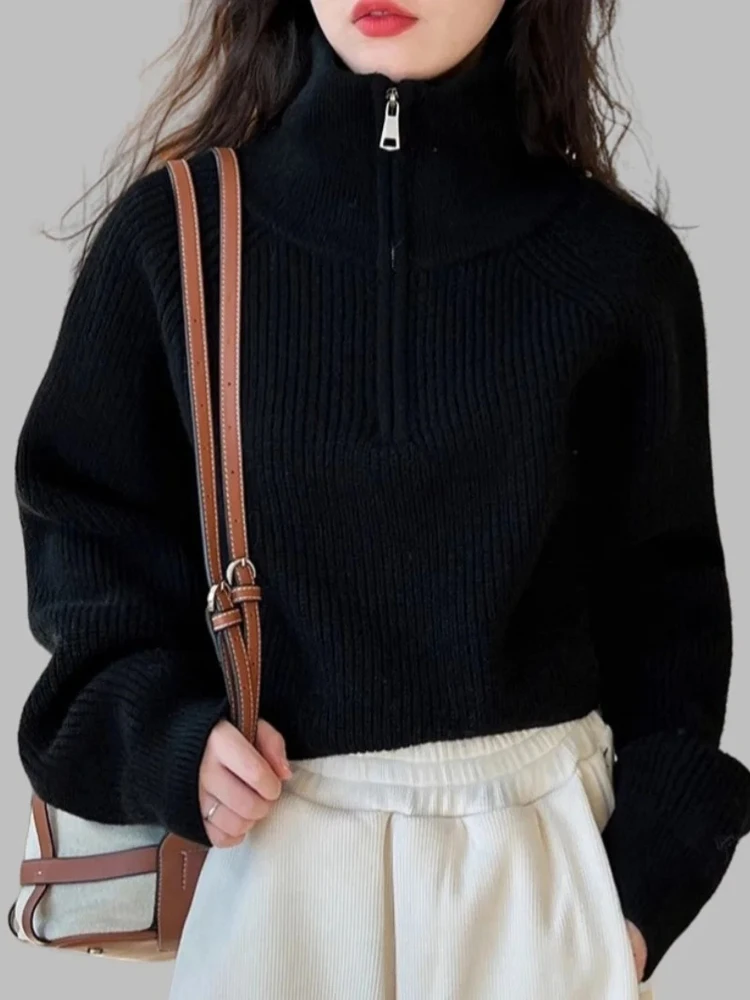 Ribbed Cropped Half-Zip Turtleneck Pullover Sweater