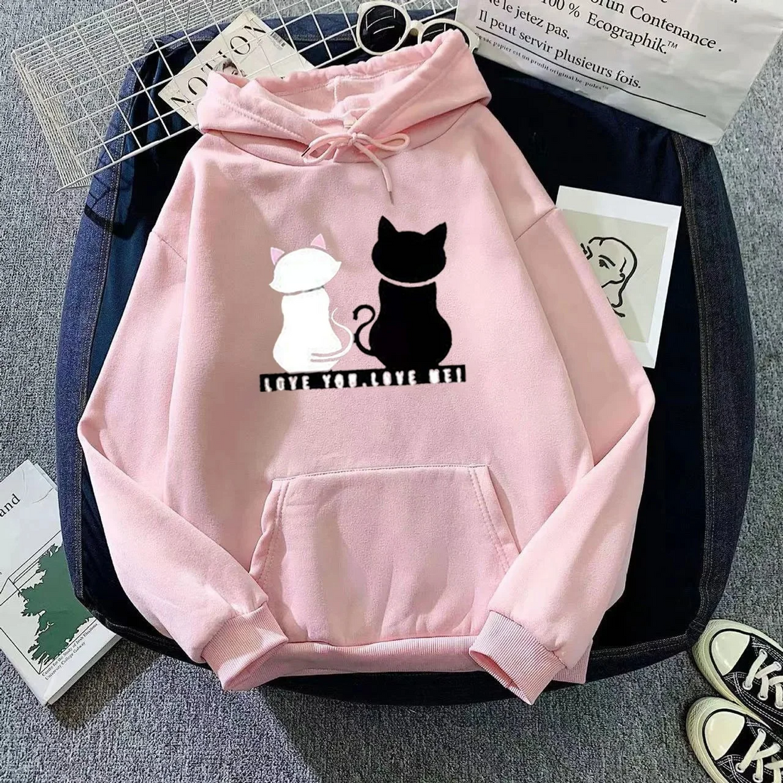 Oversized Fleece Lined Cat Print Hoodie