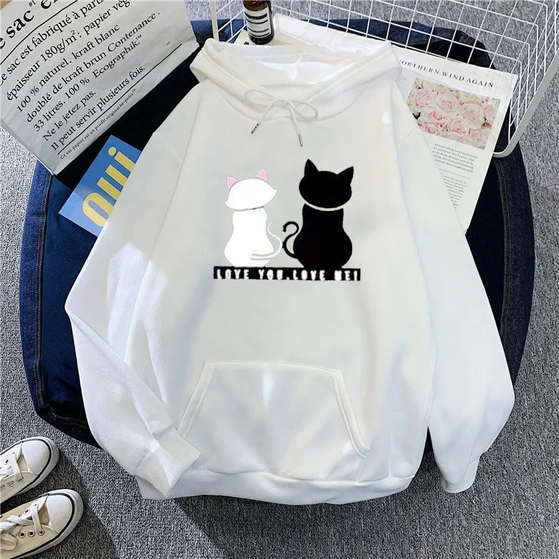 Oversized Fleece Lined Cat Print Hoodie