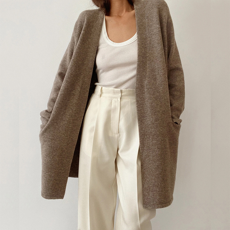 Wool Knit Relaxed Fit Open Front Cardigan