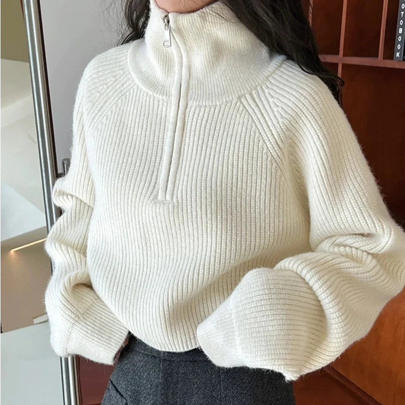Ribbed Cropped Half-Zip Turtleneck Pullover Sweater