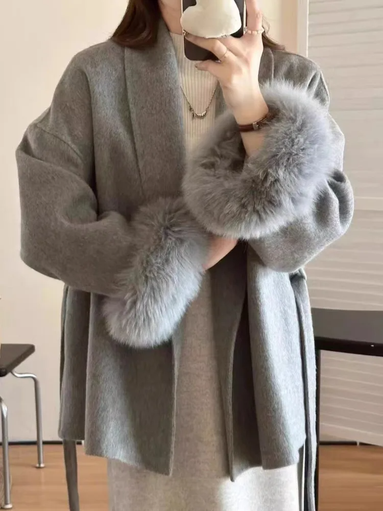 Fur Trim Belted Relaxed Wool Coat
