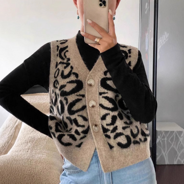 Bold Pattern Sleeveless Wool Knit Cardigan Sweater