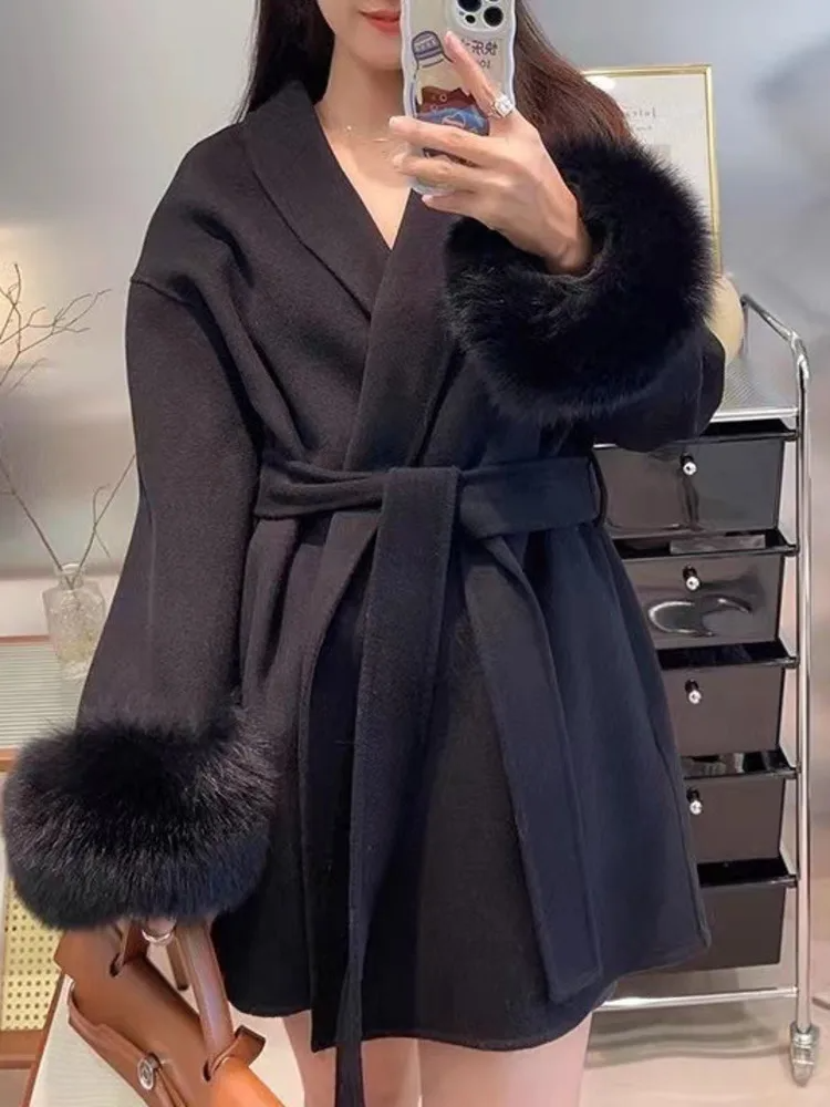 Fur Trim Belted Relaxed Wool Coat