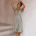 Women's Dress - Wrap Design - V-Neck - Short Batwing Sleeves - High-Low Cut - Elegant Fit
