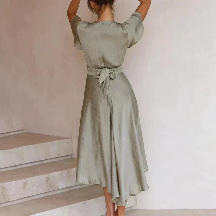 Women's Dress - Wrap Design - V-Neck - Short Batwing Sleeves - High-Low Cut - Elegant Fit