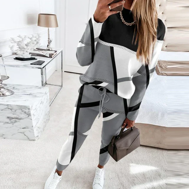 Two-Piece Geometric Cotton Knit Relaxed Lounge Set