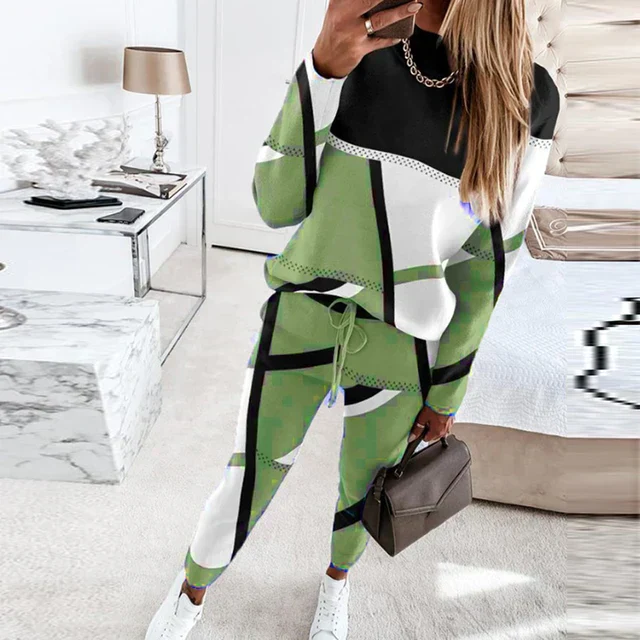 Two-Piece Geometric Cotton Knit Relaxed Lounge Set