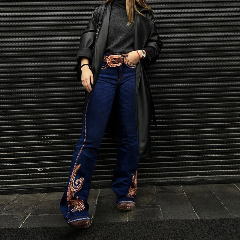 Ornate Embroidered Cotton Blend Bootcut Jeans