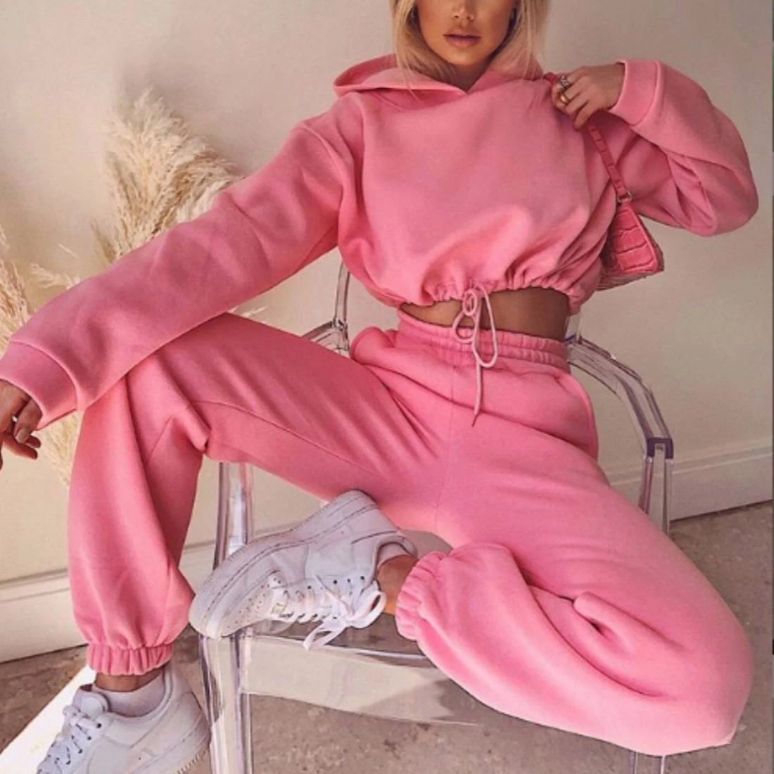 Two-Piece Soft Fleece Cropped Hoodie Tracksuit Set