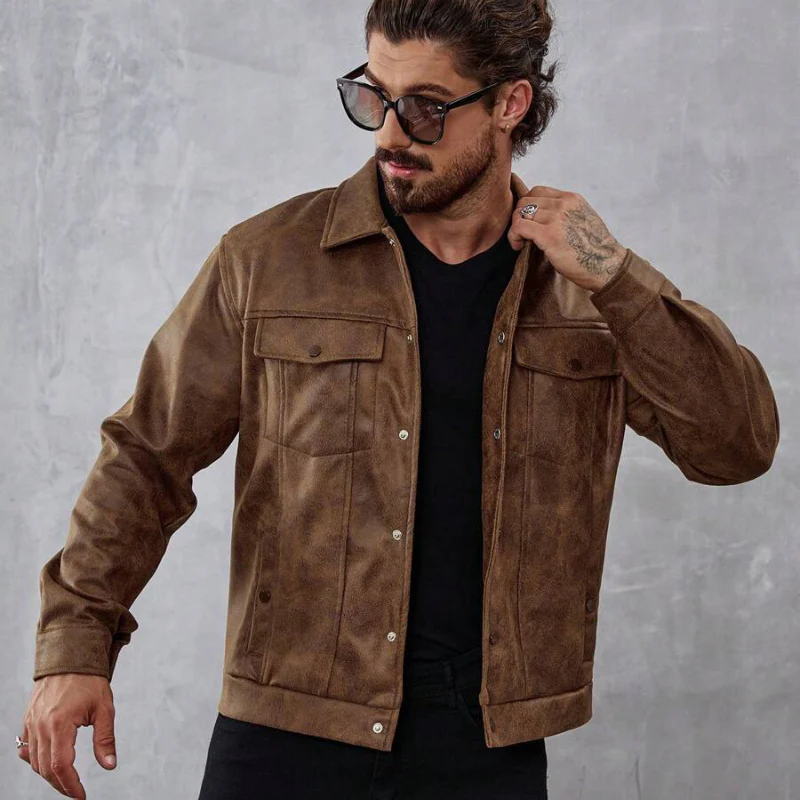 Distressed Texture Classic Fit Leather Jacket