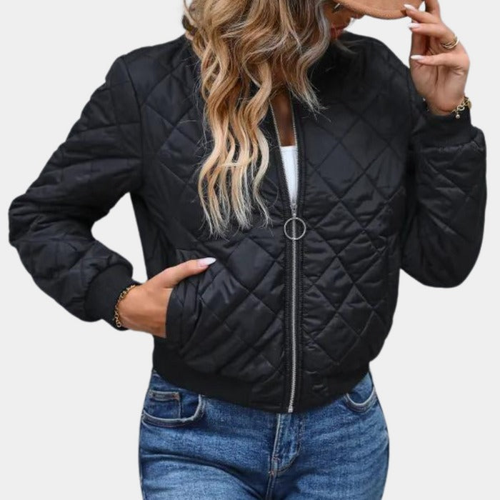 Quilted Cropped Fitted Waist Bomber Jacket