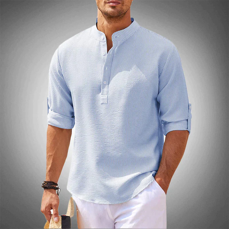 Roll-Up Sleeve Relaxed Fit Mandarin Collar Shirt