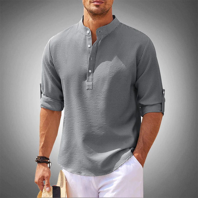 Men's Shirt - Relaxed Fit - Mandarin Collar - Long Sleeves with Roll-Up Function