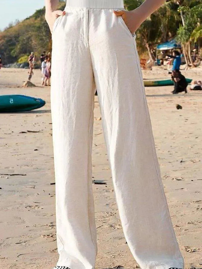 Women's Pants – Wide Fit – High Waist – Light and Breathable Linen – Elastic Waistband