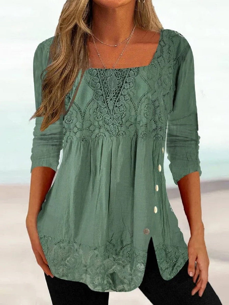 Natural Fibers Lace Square Neck Blouse