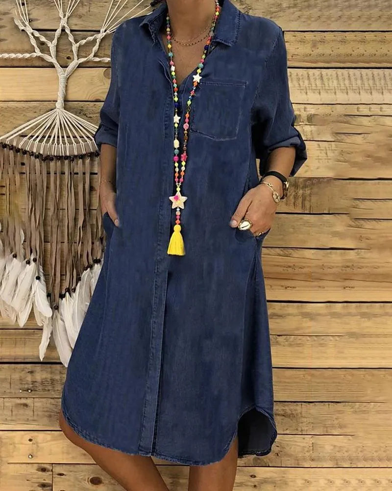 Loose Fit Three-Quarter Sleeve Button Shirt Dress