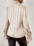 Women's Blouse - High Ruffle Collar - Long-Sleeved Smock Cuff - Glossy Satin Look