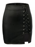 Women's Mini Skirt – High Waist – Leather Look – Lace-up Detail – Slit Design