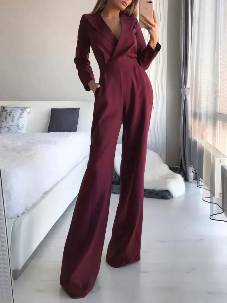 Women's Jumpsuit - Elegant Tailored Design - V-Neck - Long Sleeves - Wide-Leg Fit
