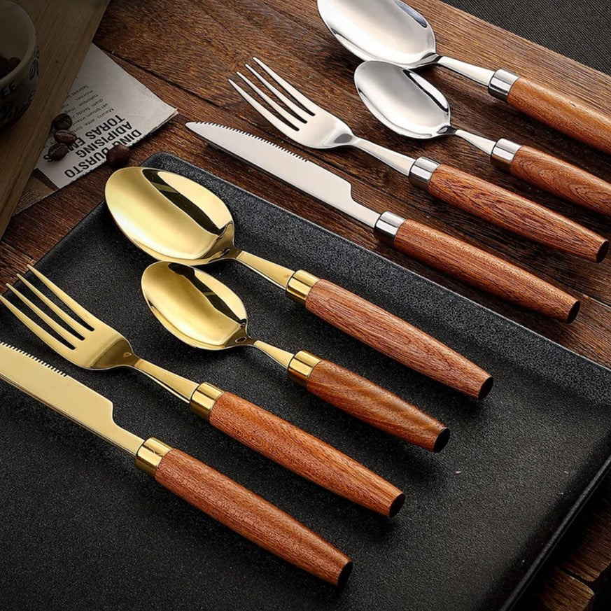 Tapered Wood Handle Brass Cutlery Set