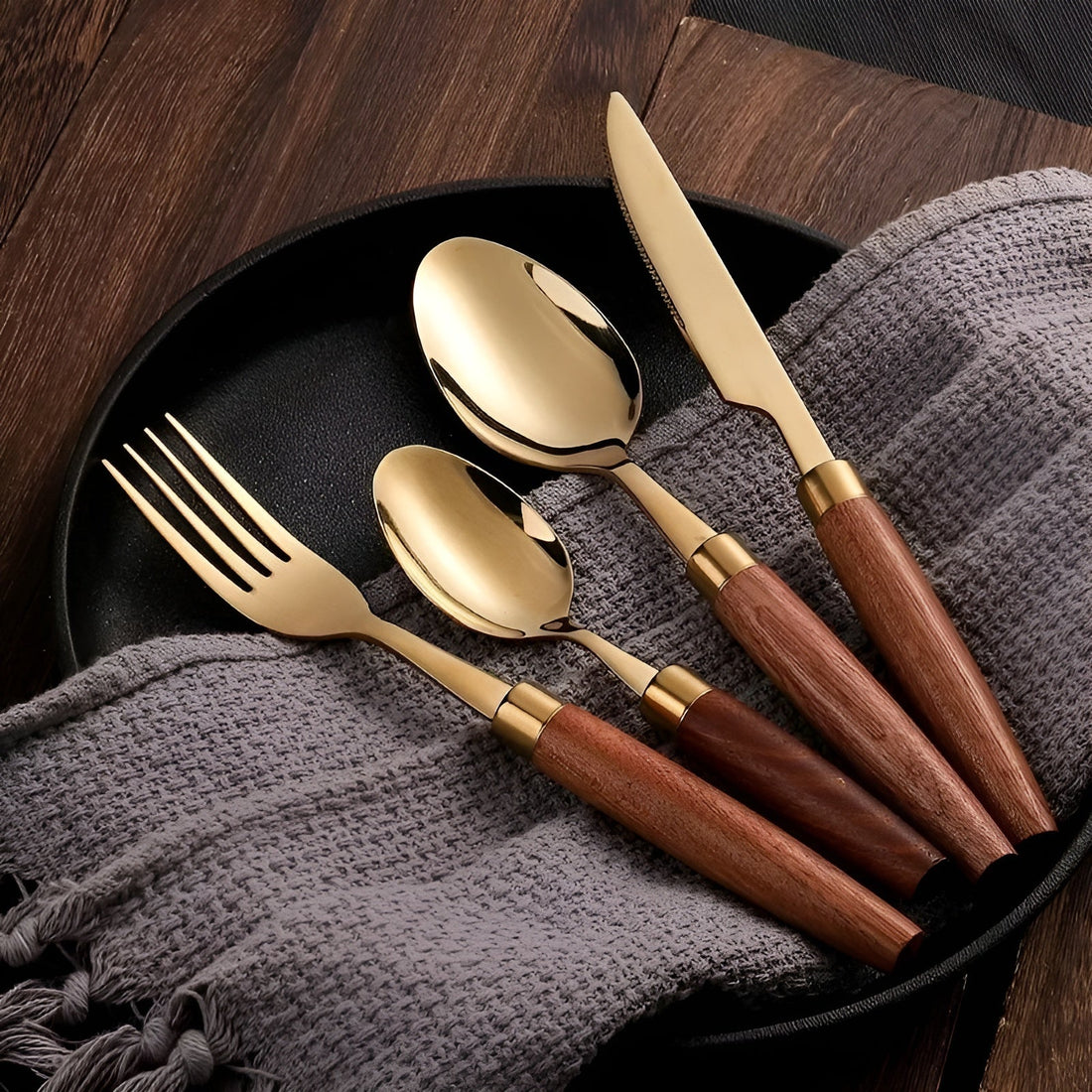 Tapered Wood Handle Brass Cutlery Set