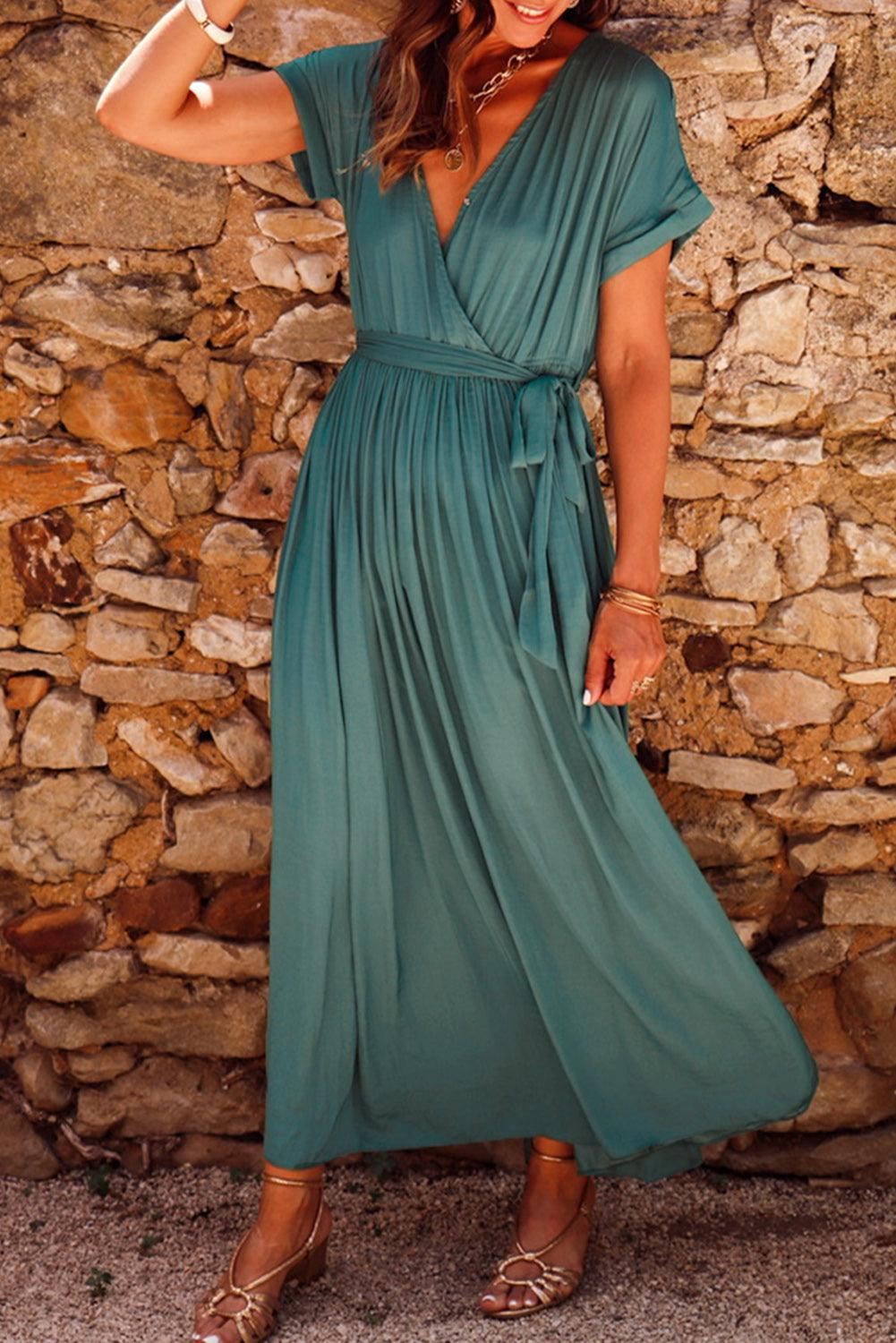 V-neck Wrap Design Tie Belt Maxi Dress