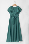 Women's Maxi Dress - V-neck Wrap Design - Short Sleeves - Tie Belt - Elegant and Comfortable