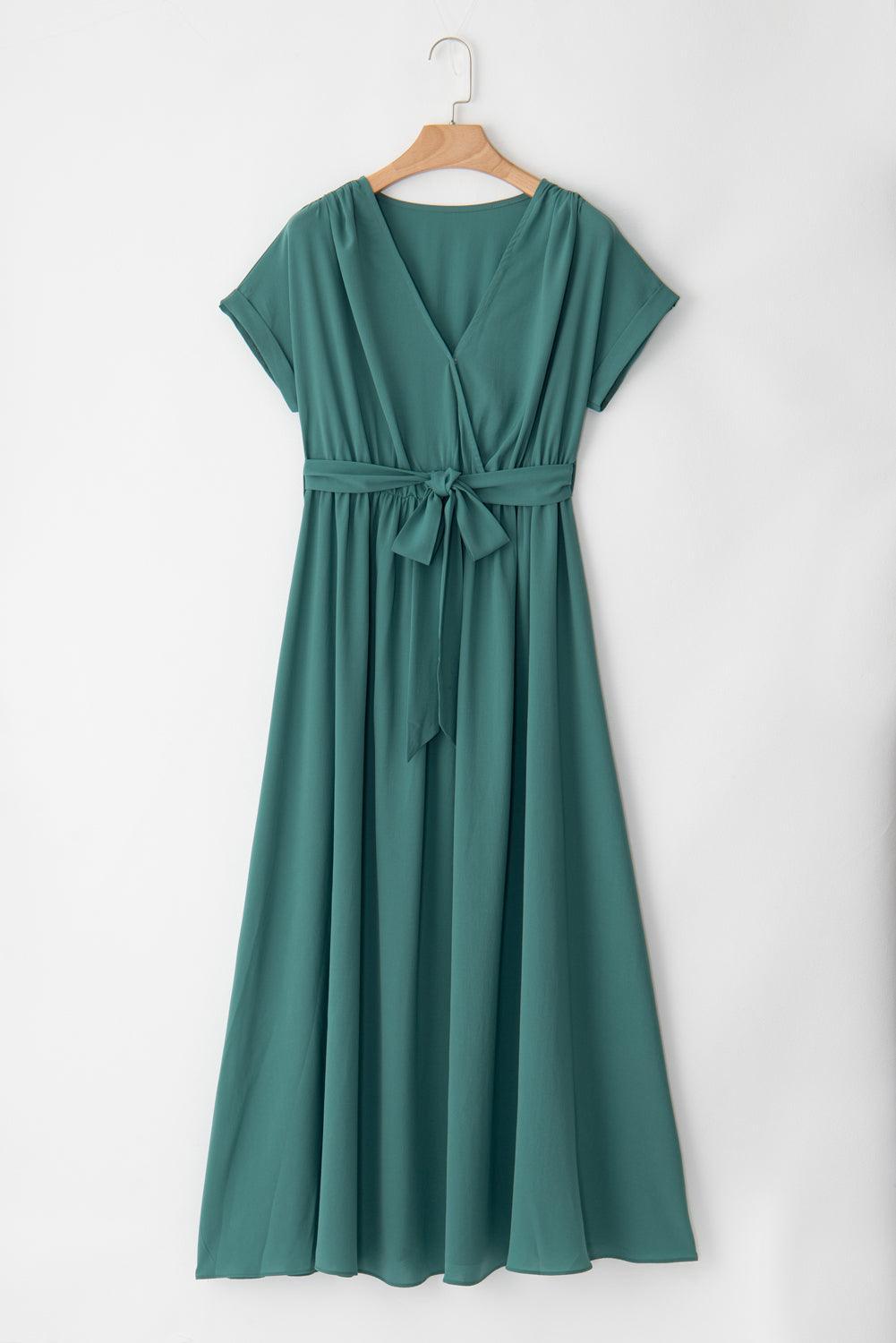 Women's Maxi Dress - V-neck Wrap Design - Short Sleeves - Tie Belt - Elegant and Comfortable