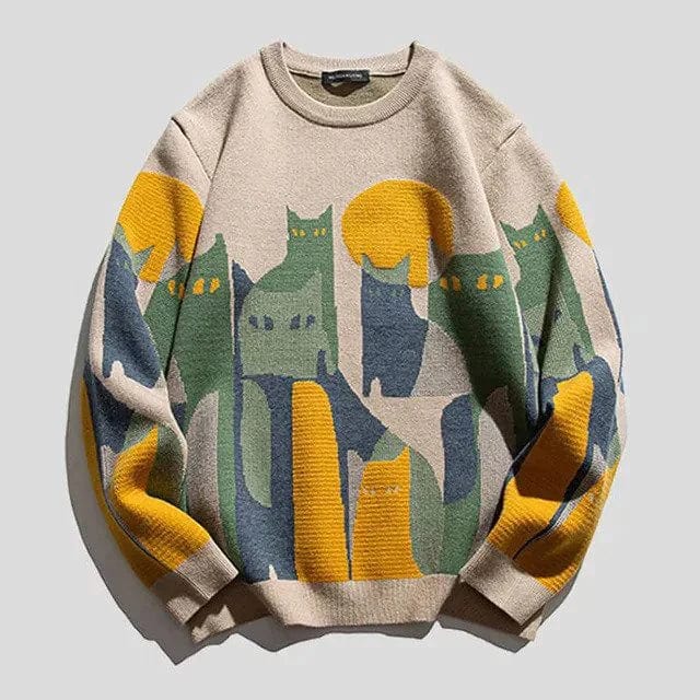Wool Blend Cat Print Relaxed Pullover Sweater