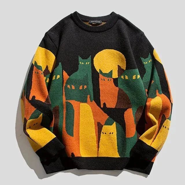 Wool Blend Cat Print Relaxed Pullover Sweater