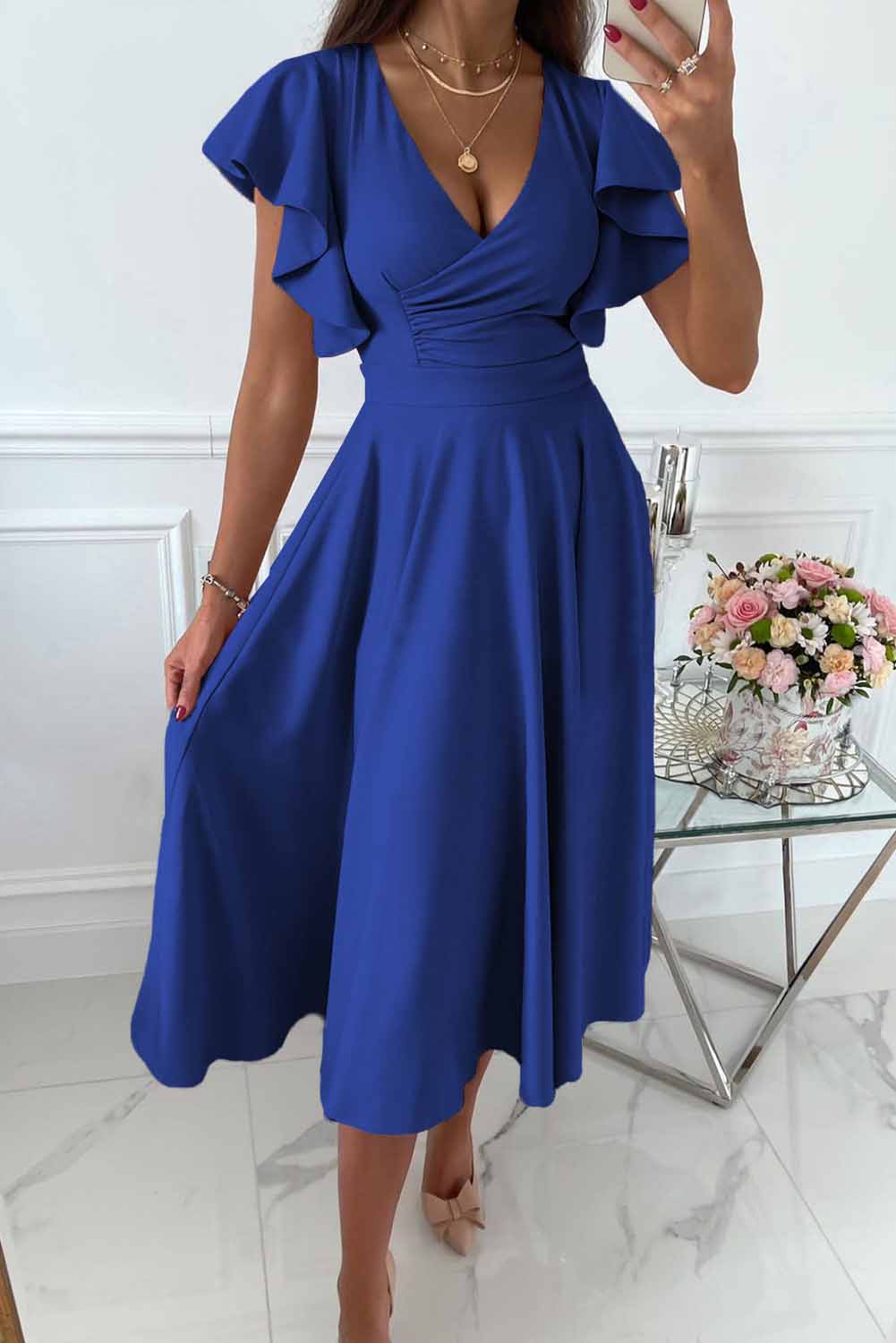 V-Neck Ruffle Sleeve Midi Wrap Dress