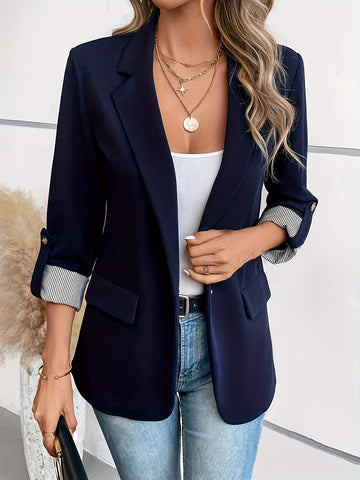 Dame Blazer – Skræddersyet Pasform – 3/4 Ærmer med Opslag – Notch Revers – Flaplommer