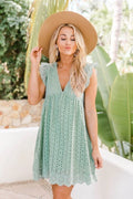 Women's Dress - Sleeveless Summer Dress - V-neck with Broderie Anglaise - Light and Breathable