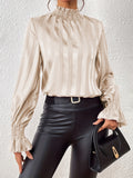 Women's Blouse - High Ruffle Collar - Long-Sleeved Smock Cuff - Glossy Satin Look