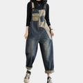 Women's Denim Overalls - Loose Fit - Patchwork Design - Adjustable Straps - With Pockets